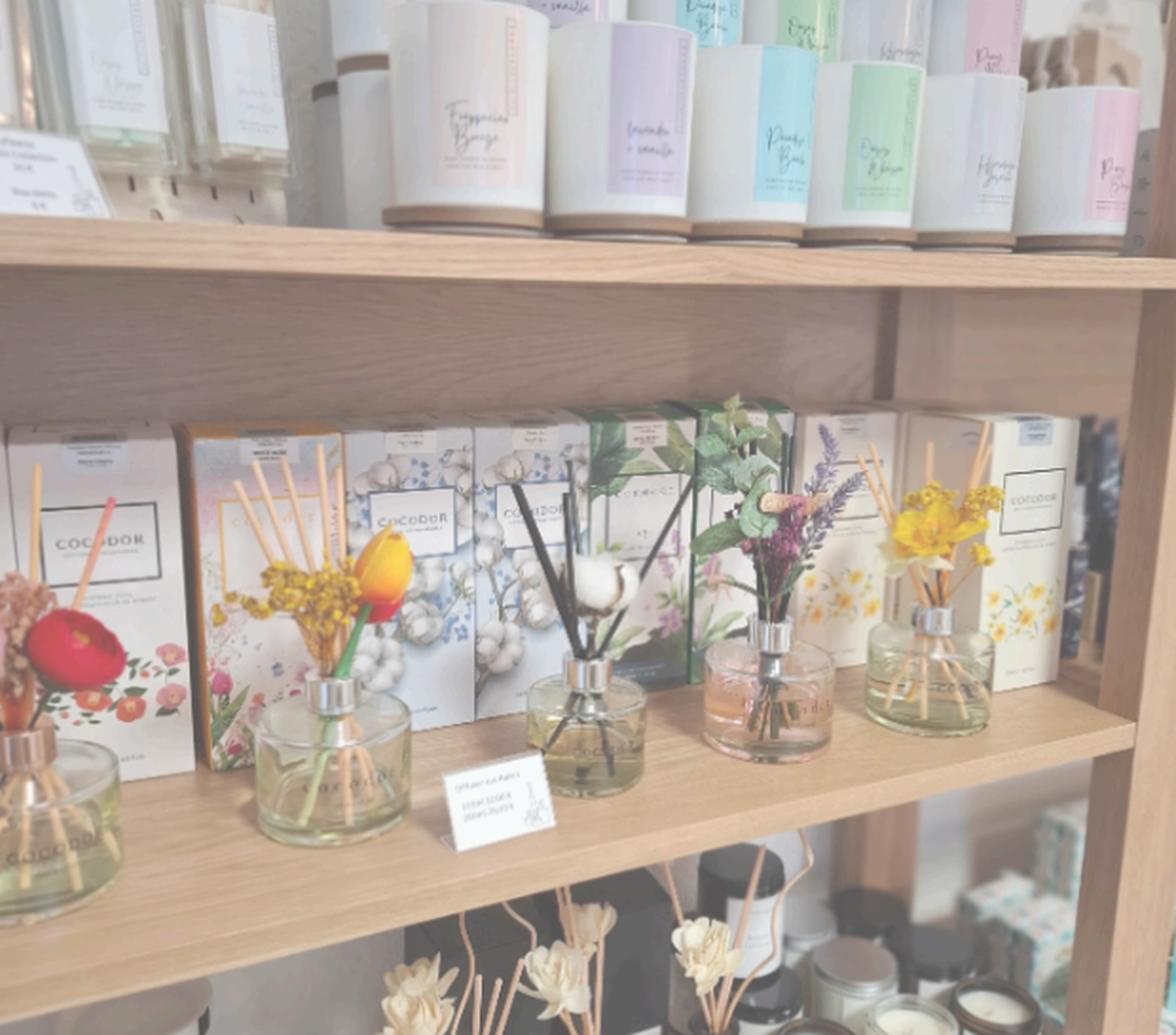 Grace&Felicity - concept store - Eine Sammlung von Raumduftstäbchen und pastellfarbenen Duftkerzen in Gläsern, arrangiert auf einem hellen Holzregal.